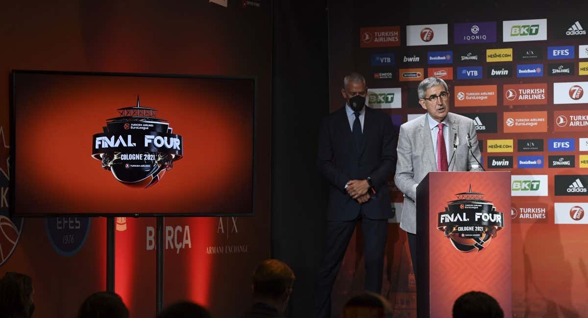 Jordi Bertomeu, durante su etapa como CEO de la Euroliga, presentando la que fue su penúltima Final Four. /GETTY IMAGES