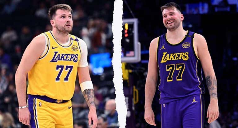 Dos fotos de Luka Doncic en su primer y último partido con los Lakers.