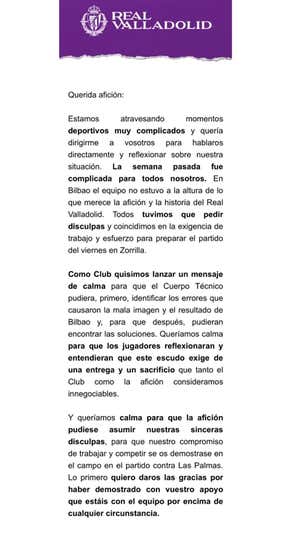 Las cartas 'íntimas' con las que el Valladolid intenta acercarse a su afición, explicando hasta un extraño fichaje: «Quería dirigirme a vosotros...»