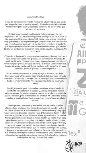 El comunicado que lanzó Ainhoa López para explicar su situación.  @ainhoalopezr8
