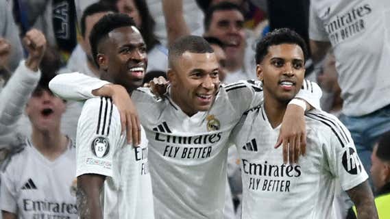 Vinicius, Mbappé y Rodrygo celebran un gol del Real Madrid. /GETTY