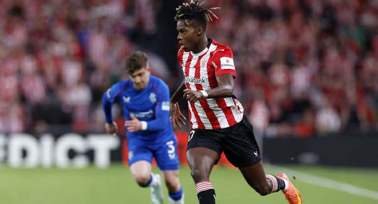 Nico Williams en el partido de cuartos de la Europa League frente al Rangers jugado en el San Mamés.